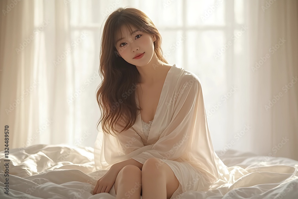 Radiant South Korean Woman Wrapped in Sheer Robe on White Silk Sheets, Morning Glow Radiant South Korean Woman Wrapped in Sheer Robe on White Silk Sheets, Morning Glow