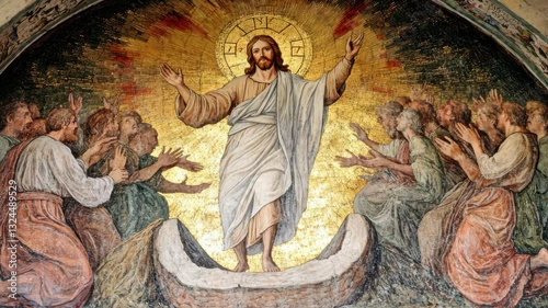 Glorious ascension of christ with disciples in vibrant mosaic art