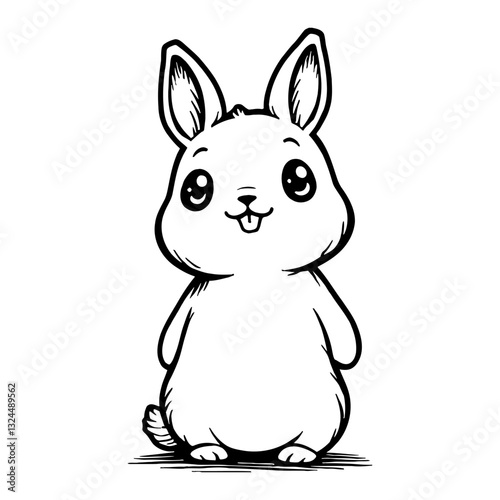 Cute Chibi Kawaii Rabbit Standing Up Front View Isolated in Black and White Outline Line Art Drawing