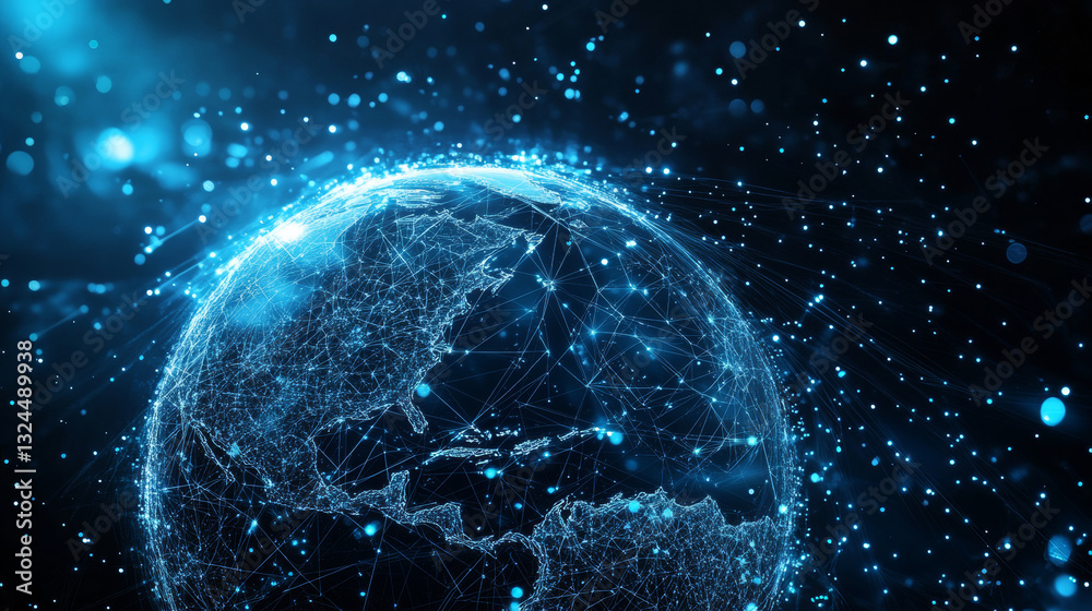 Obraz premium Abstract tech background with low poly wireframe elements. Space technology background in blue. Dark technology bg. Polygonal digital planet in outer space. AI technology concept. Vector illustration