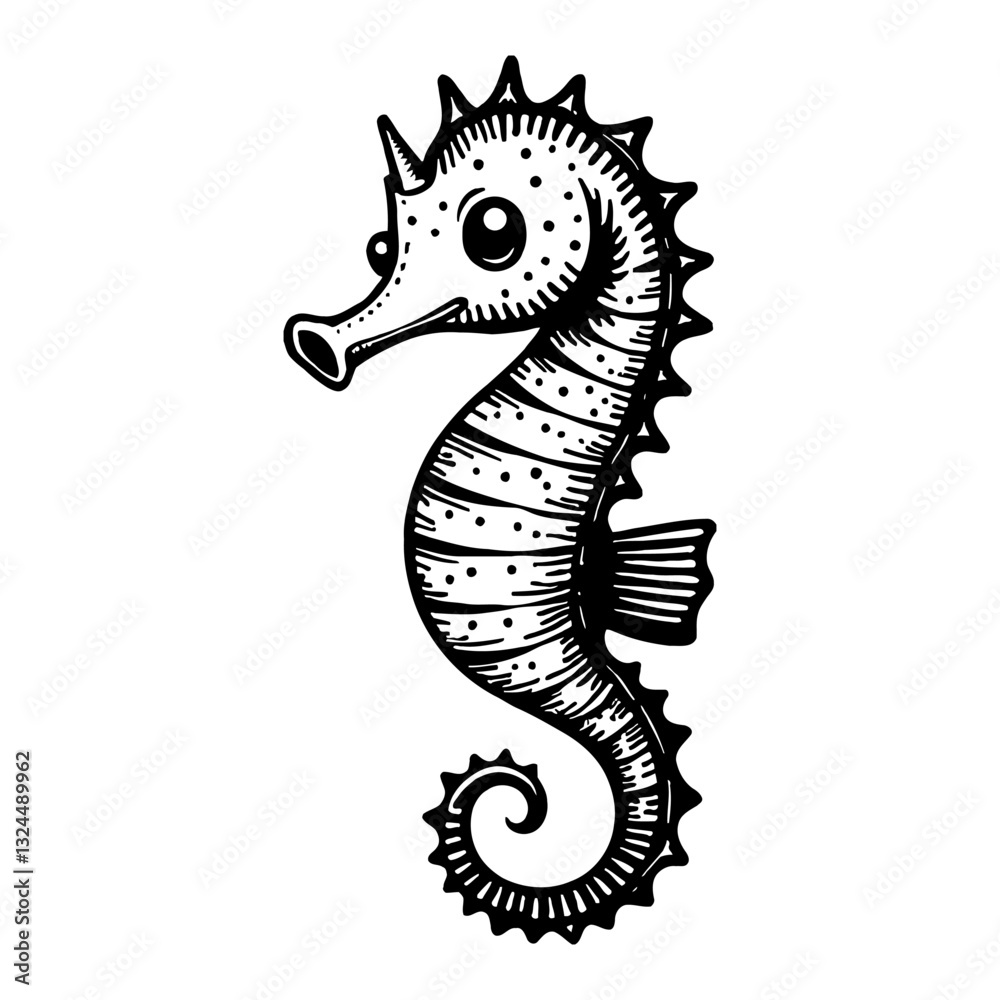 Fototapeta premium Cute Kawaii Seahorse Side View Detailed Drawing in Black and White Outline Line Art Drawing