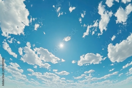 Fototapeta Naklejka Na Ścianę i Meble -  A wide-angle shot of a bright blue sky with scattered clouds, showcasing the beauty of a cloud-filled sky.