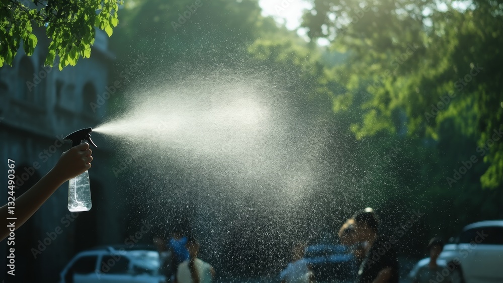 Naklejka premium A hand holds a spray bottle, misting cool water in hot weather. Perfect for articles on summer cooling, hydration, and outdoor activities