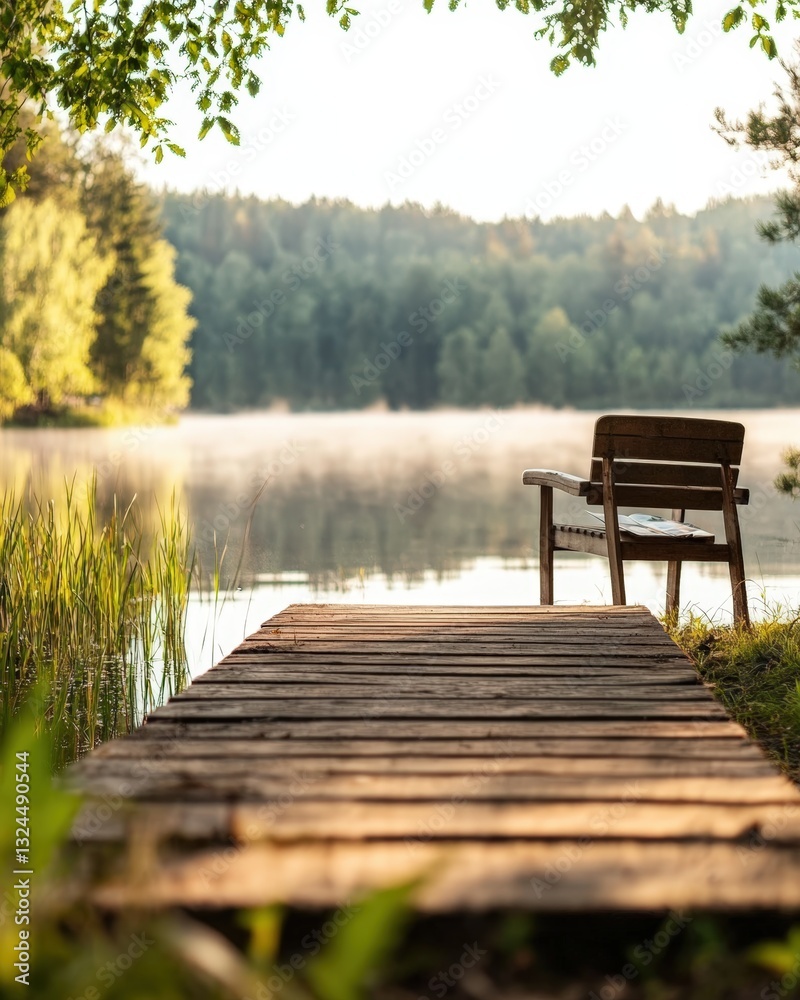 Fototapeta premium Serene easter getaway by tranquil lake with wooden dock for relaxation
