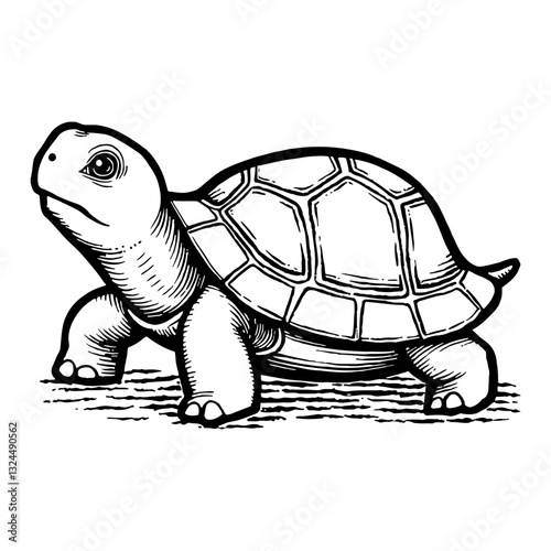 Adorable Cute Chibi Kawaii Turtle Walking Forward Detailed Black and White Outline Line Art Drawing