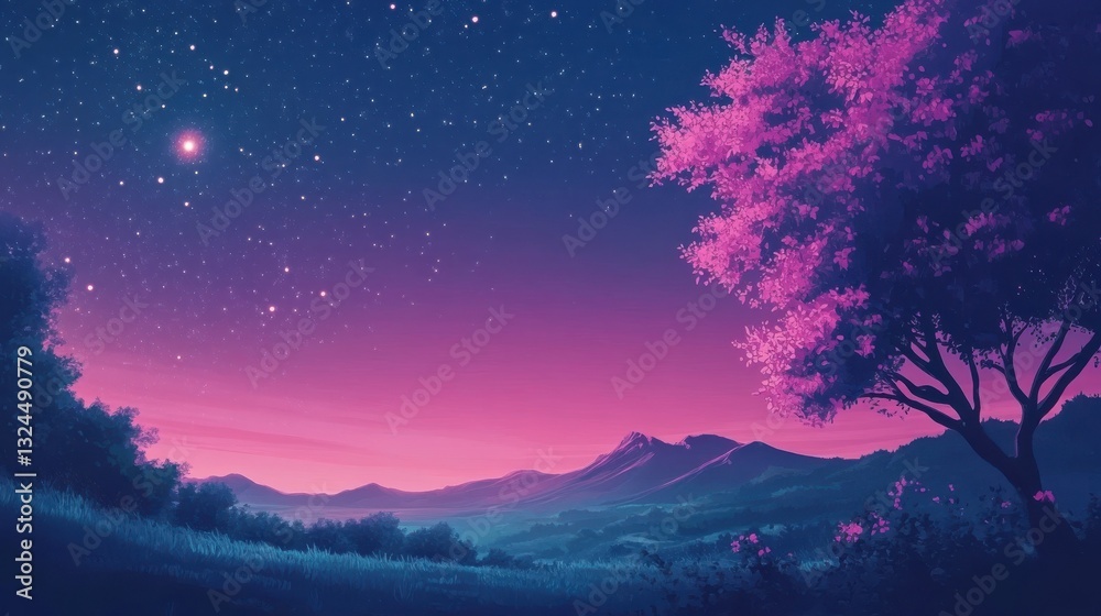 Fototapeta premium Minimalist computer wallpaper featuring a serene mountain landscape beneath a clear night sky filled with stars, designed with soft gradients for a calming visual aesthetic.