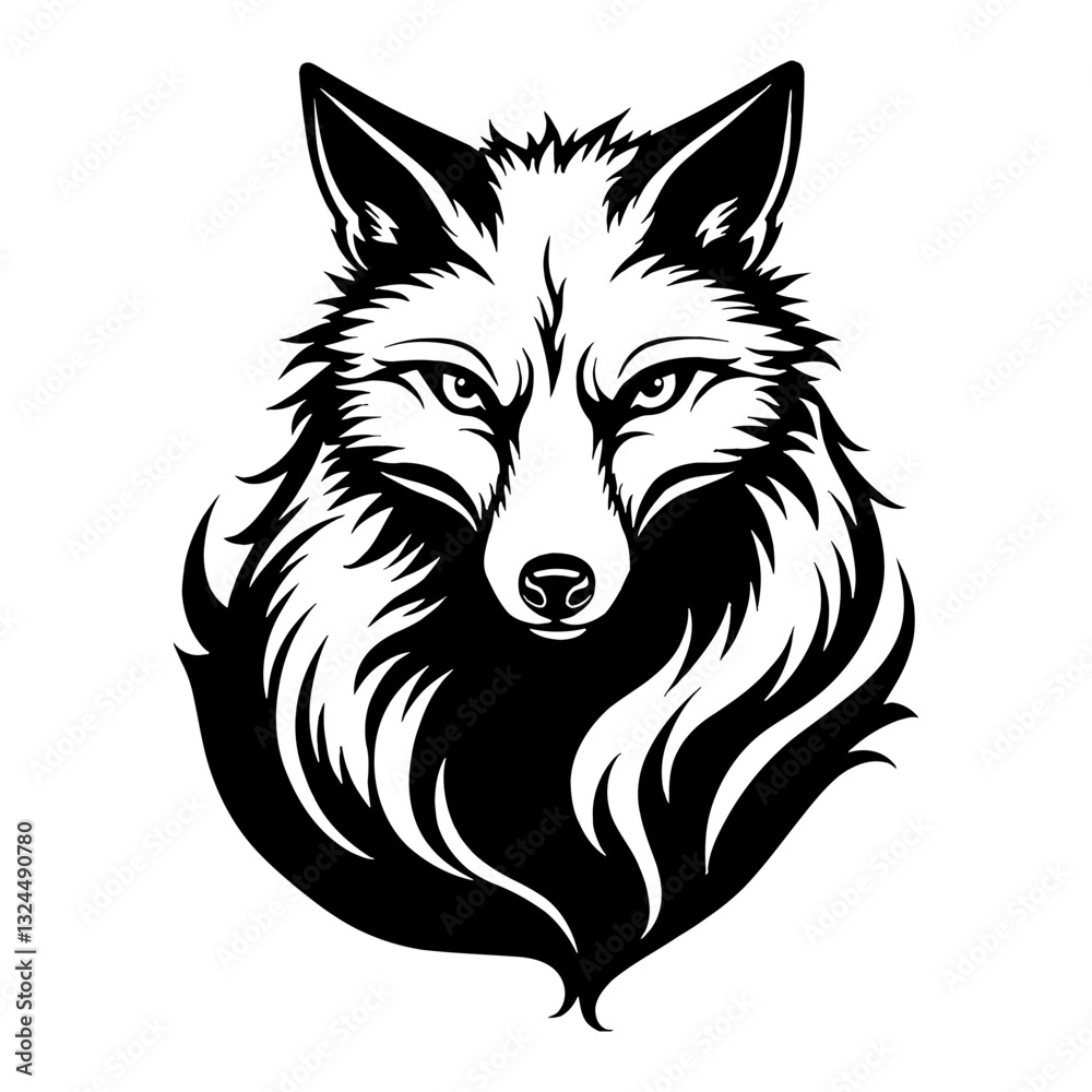 Elegant Fox Head Front Portrait Staring Intensely Detailed Black and White Outline Line Art Drawing Elegant Fox Head Front Portrait Staring Intensely Detailed Black and White Outline Line Art Drawing