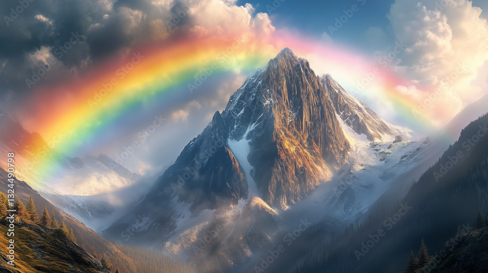 Fototapeta premium Breathtaking Rainbow Arches Over Towering Mountain Landscape