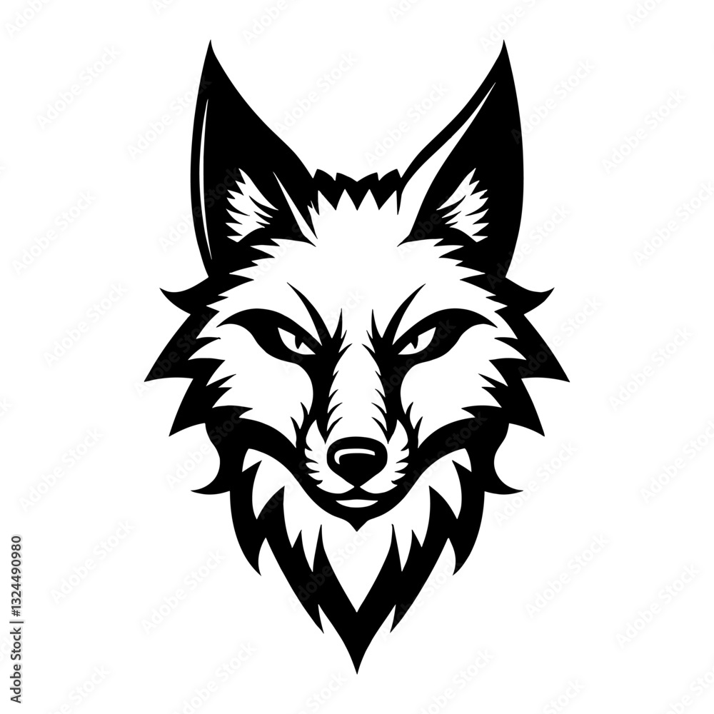 Obraz premium Fierce Fox Head Mascot Logo Front View Vector Illustration Black and White Outline Line Art Drawing