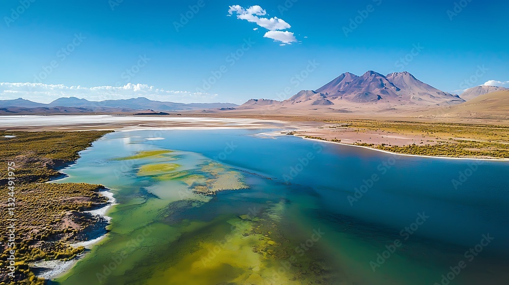 Fototapeta premium Andean lake aerial, turquoise water, salt flat, volcanic mountains