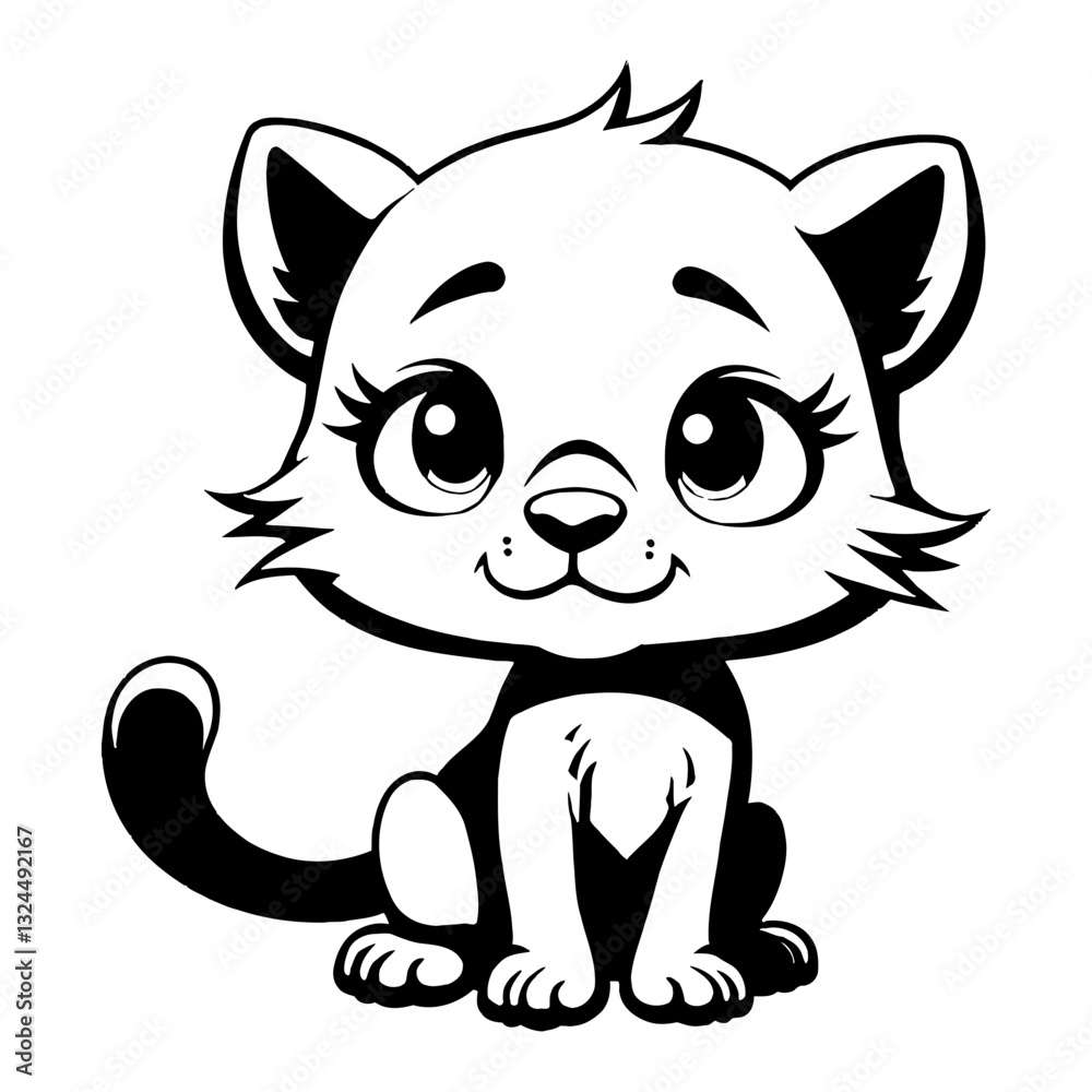 Cute Chibi Kawaii Black Panther Cub Sitting with Big Eyes Black and White Outline Line Art Drawing Cute Chibi Kawaii Black Panther Cub Sitting with Big Eyes Black and White Outline Line Art Drawing