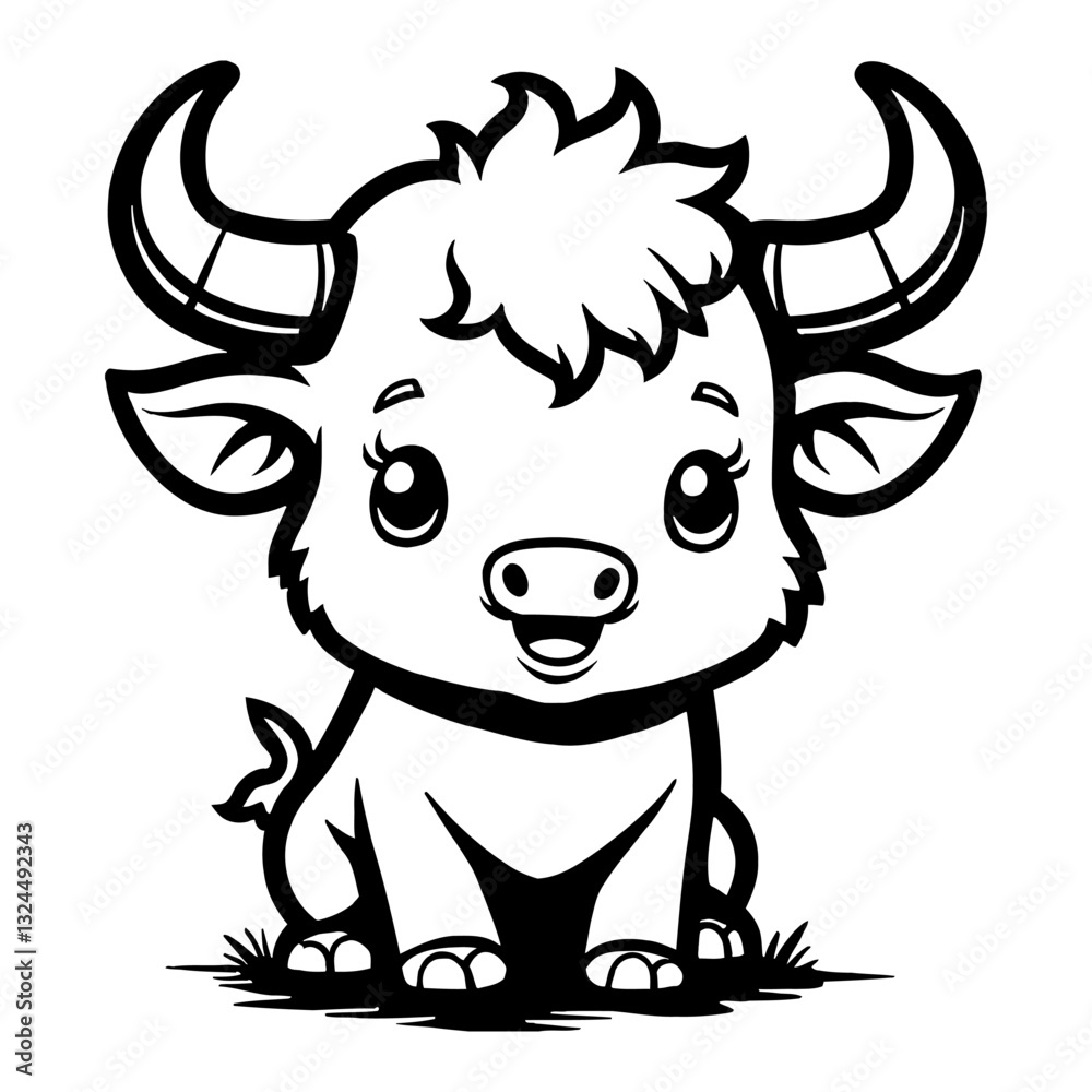 Cute Happy Chibi Kawaii Bull Calf Sitting on Grass with Big Eyes Black and White Outline Line Art Drawing Cute Happy Chibi Kawaii Bull Calf Sitting on Grass with Big Eyes Black and White Outline Line Art Drawing