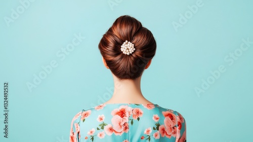 Vintage woman with 1960s beehive hairstyle in mod dress