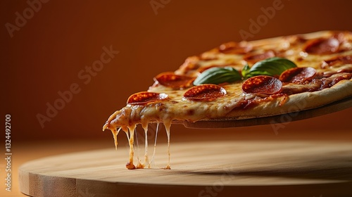 Delicious pizza slice with melted cheese dripping photo