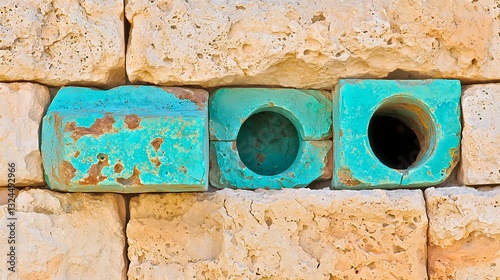 Aquamarine stones with holes inlaid into stone wall. Possible building material or construction