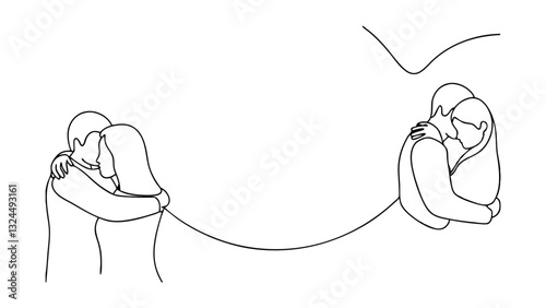 Couples Embrace Line Art Drawing, Love, Romance, Affection, Unity, Connection, Hug, Intimacy, Relati