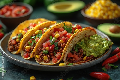An appetizing close-up of delicious tacos, brimming with seasoned ground meat, fresh tomatoes, corn, avocado, and flavorful salsa, promising a delightful culinary experience © Chiraphun