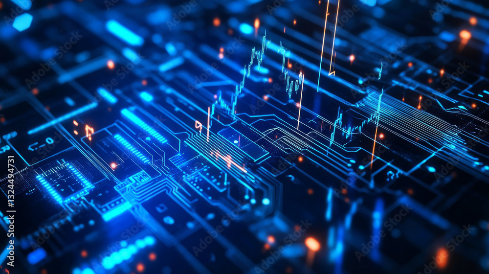 Obraz premium AI chip and stock market candlesticks in low poly wireframe tech blue. Stock market and artificial intelligence background. Forex and trade and AI microchip or processor bg. Vector Illustration. 
