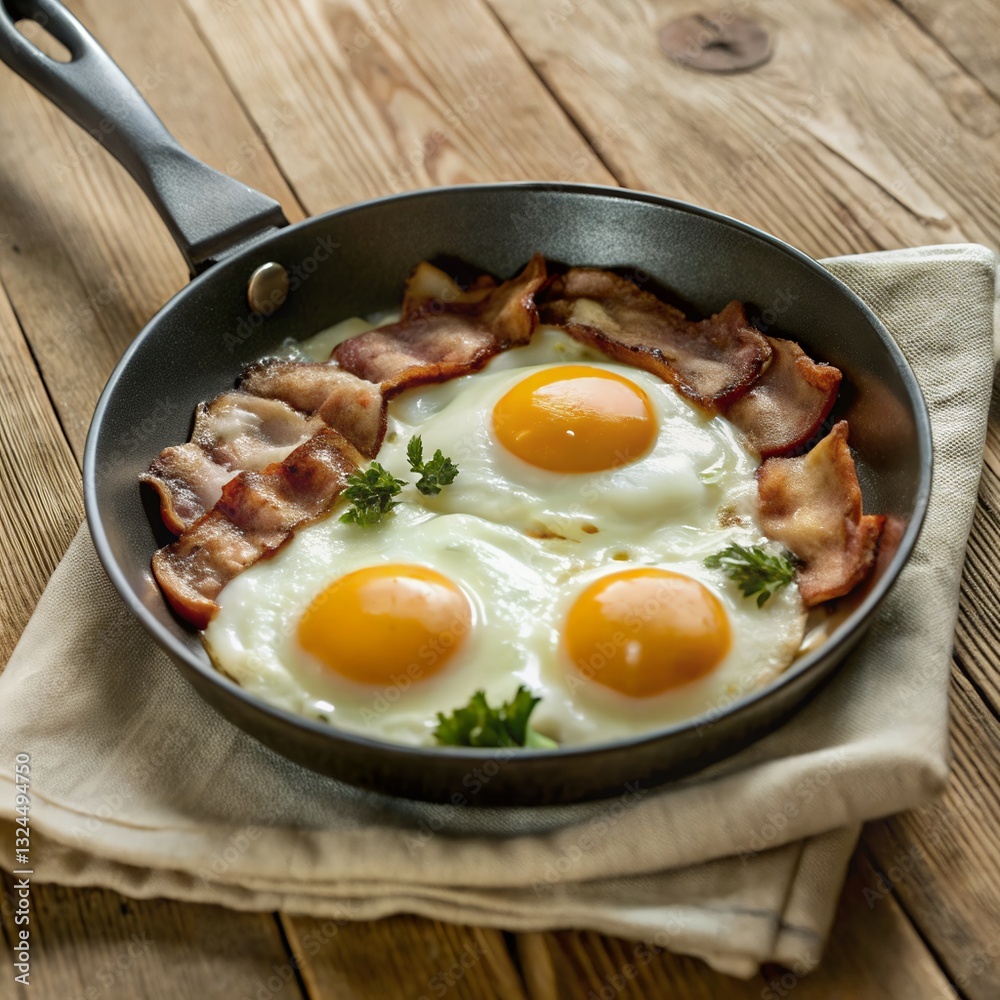 Hearty Breakfast Skillet: Crispy Bacon and Sunny-Side Up Eggs on a Rustic Wood Table Hearty Breakfast Skillet: Crispy Bacon and Sunny-Side Up Eggs on a Rustic Wood Table