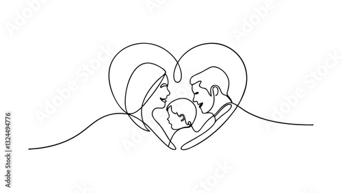 A singleline drawing depicts a loving family mother, father, and chidden closed within a heart shape, symbolizing family unity and affection.