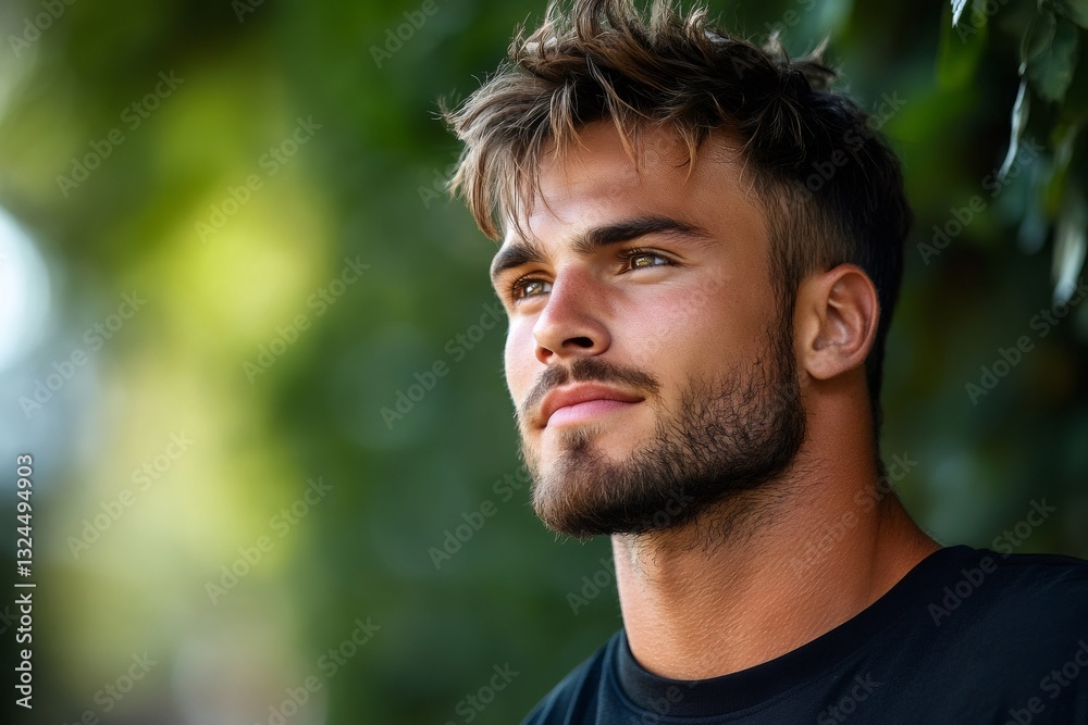 Fototapeta premium Handsome young man wearing black t shirt looking up in a blurred green background