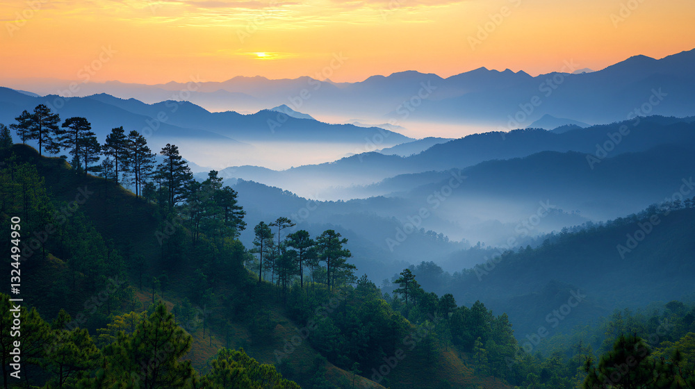 Obraz premium A serene sunrise over misty mountains, showcasing layers of green trees and soft hues of orange and blue in the sky.