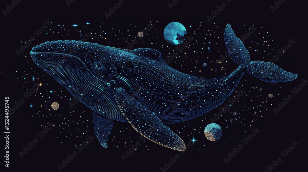 Fototapeta premium Blue whale in the form of a starry sky or space, consisting of points, lines, and shapes in the form of planets, stars and the universe. Large marine animal vector wireframe concept. Blue purple