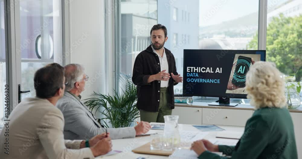 Man, presentation and screen for AI in boardroom for ethics, policy and copyright protection for LLM source data. Person, speaker and meeting for machine learning, software and listen at law firm