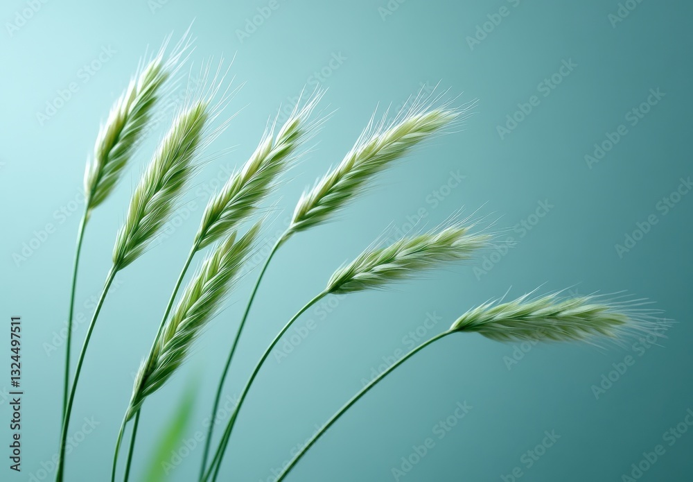 Fototapeta premium Delicate Green Grass Stems Gently Bending Against a Soft Blue Background in a Calm and Serene Atmosphere of Nature's Beauty