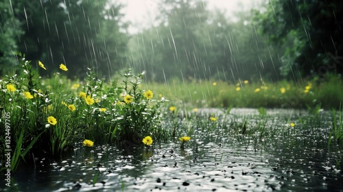 A serene shot of water being absorbed into the soil after a rainstorm, with plants thriving in the moist earth