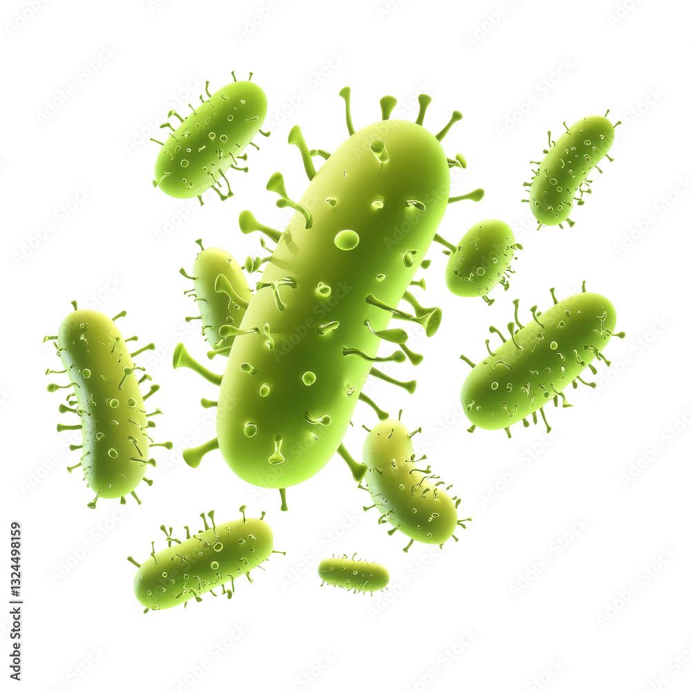 Fototapeta premium Microscopic Menace: A collection of vibrant, green bacteria, rendered in a detailed illustration, floats suspended in the air.