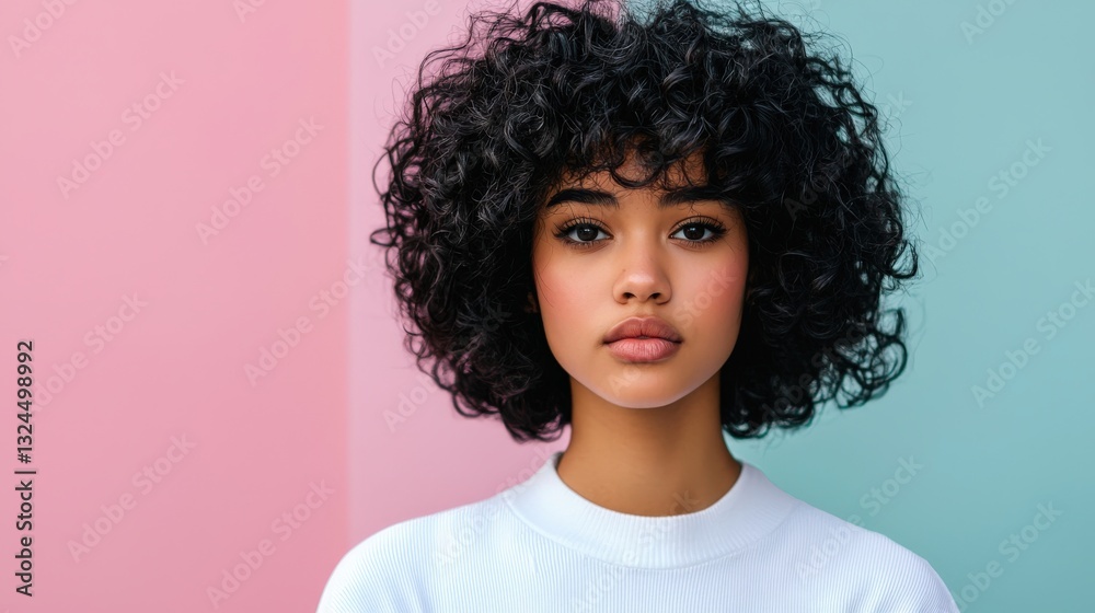Stylish young woman with trendy hairstyle in modern setting Stylish young woman with trendy hairstyle in modern setting