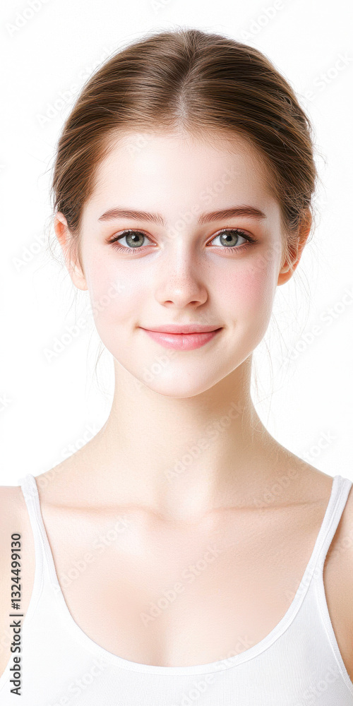 Smiling young woman with clear skin and natural makeup on a white background. Smiling young woman with clear skin and natural makeup on a white background.
