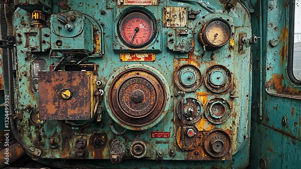 Vintage industrial control panel with rusted dials and gauges