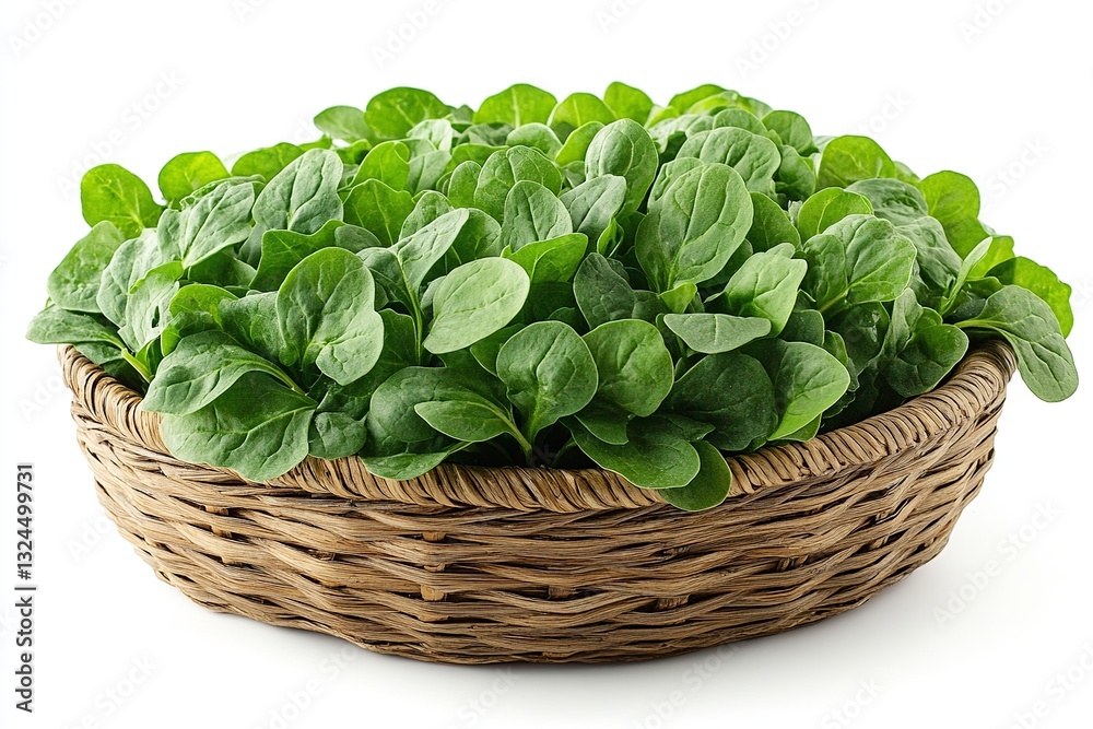 Fresh green spinach leaves in a woven basket with a clean white background, ideal for culinary use Fresh green spinach leaves in a woven basket with a clean white background, ideal for culinary use