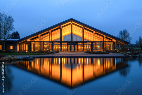 Modern building reflecting on water at dusk with warm lights illuminating the structure.
