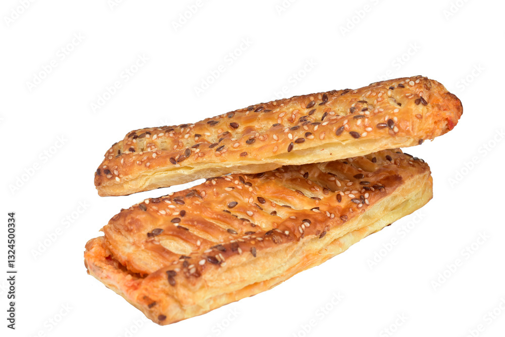 Puff pastry cake with filling and sesame seeds lies on a white background. Puff pastry cake with filling and sesame seeds lies on a white background.
