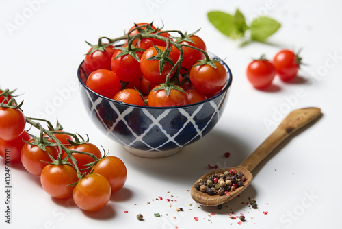 Fresh and healthy cherry tomatoes in a bowl, real and organic food. slow food.