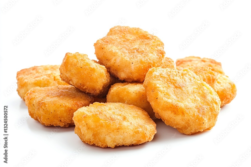 A close-up of golden, crispy chicken nuggets piled on a white background, ideal for food marketing A close-up of golden, crispy chicken nuggets piled on a white background, ideal for food marketing