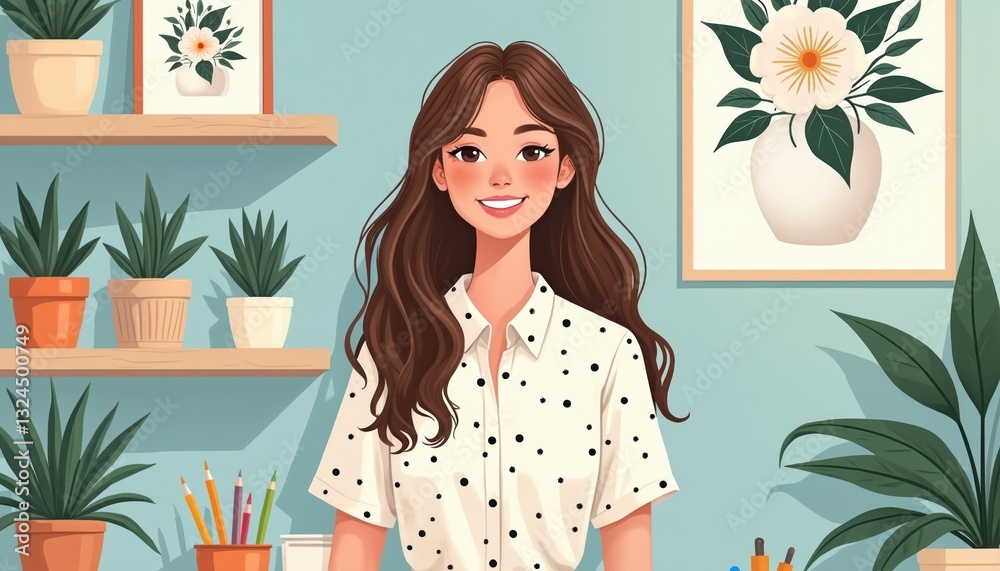 Illustration of young smiling woman in creative office workspace with plants, artwork. Self-employed entrepreneur wears casual clothes. Contemporary illustration with blue background, artistic decor, Illustration of young smiling woman in creative office workspace with plants, artwork. Self-employed entrepreneur wears casual clothes. Contemporary illustration with blue background, artistic decor,