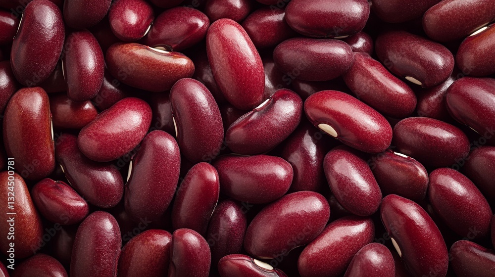 Close-up of shiny red kidney beans scattered on a surface, showcasing their vibrant color and texture Close-up of shiny red kidney beans scattered on a surface, showcasing their vibrant color and texture