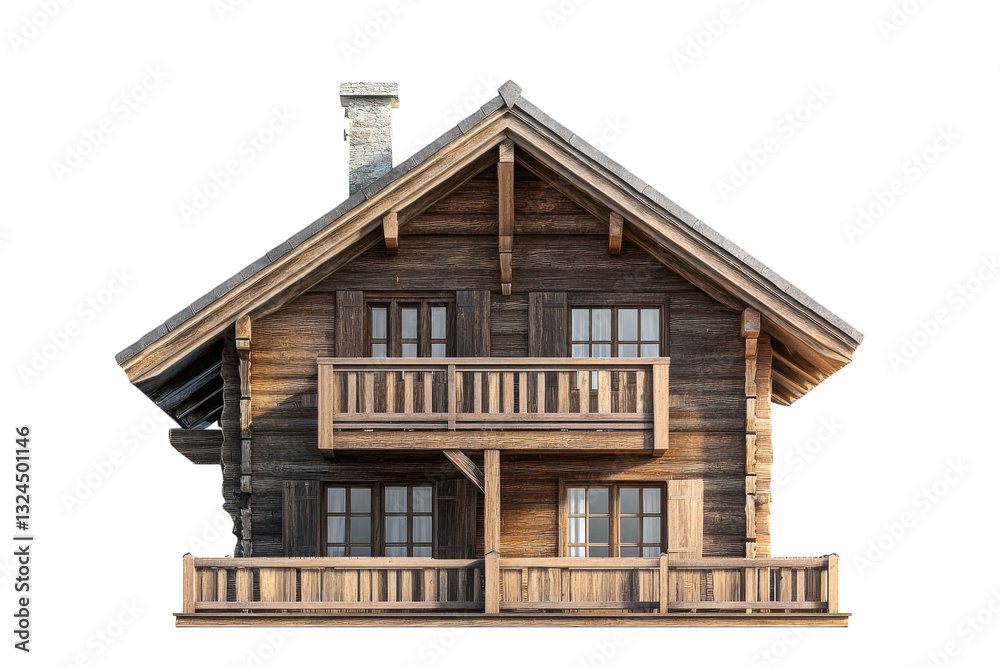 Charming wooden cabin with a balcony nestled in a serene countryside setting at twilight isolated on transparent background Charming wooden cabin with a balcony nestled in a serene countryside setting at twilight isolated on transparent background
