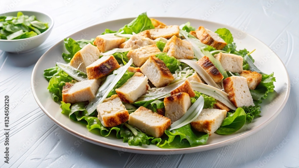 Close-up of Caesar salad with grilled chicken, croutons, and parmesan. Fresh ingredients, creamy dressing, and natural lighting highlight textures, creating a visually appealing dish Close-up of Caesar salad with grilled chicken, croutons, and parmesan. Fresh ingredients, creamy dressing, and natural lighting highlight textures, creating a visually appealing dish
