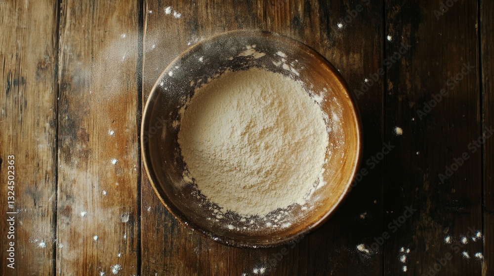 Bowl of Flour on Wooden Table with Dusting of Flour Around Bowl of Flour on Wooden Table with Dusting of Flour Around