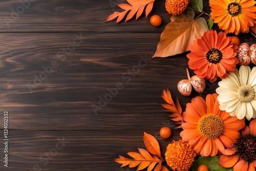 Autumn flowers and dried leaves creating a vibrant border on dark wooden background