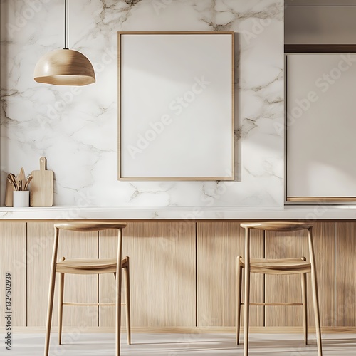 Blank poster on kitchen counter, chairs in front, marble wall in background. Mockup usage for ads