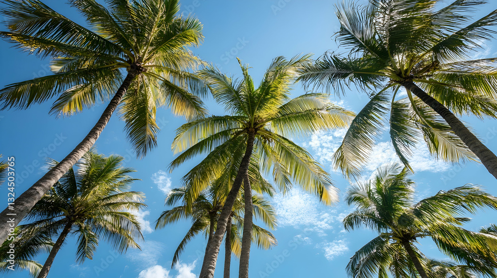 Looking up at a cluster of tall palm trees against a vibrant blue sky. The lush green fronds and bright sunlight evoke a tropical paradise. Looking up at a cluster of tall palm trees against a vibrant blue sky. The lush green fronds and bright sunlight evoke a tropical paradise.
