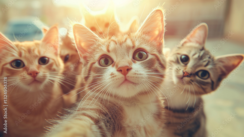 Group of Playful Cats Enjoying a Sunny Selfie Together Group of Playful Cats Enjoying a Sunny Selfie Together