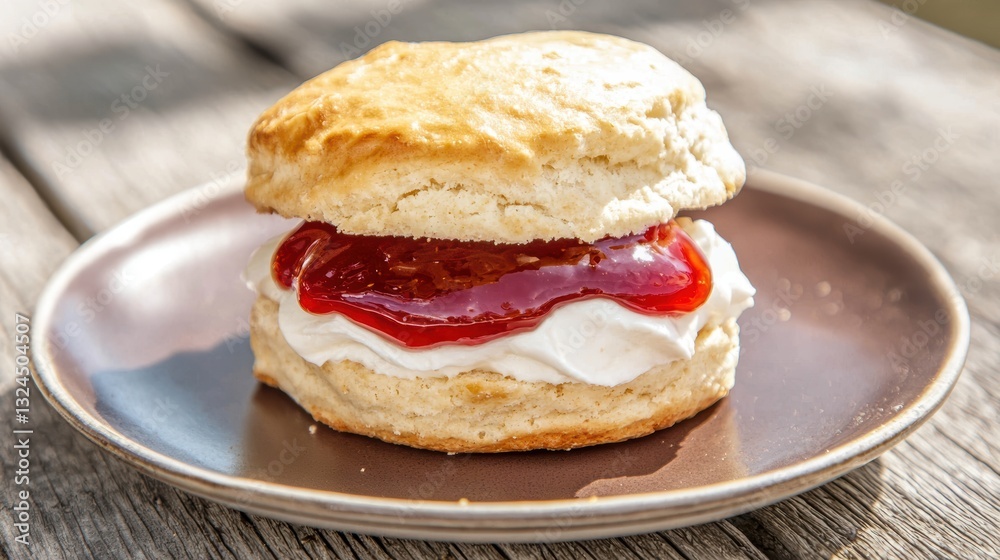 Scone with jam on a plate, in a garden shed with sunlight, crumbly in a summery baked moment Scone with jam on a plate, in a garden shed with sunlight, crumbly in a summery baked moment