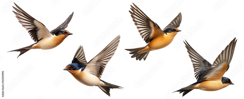 Fototapeta premium Set of flying swallows in different positions, isolated on transparent background